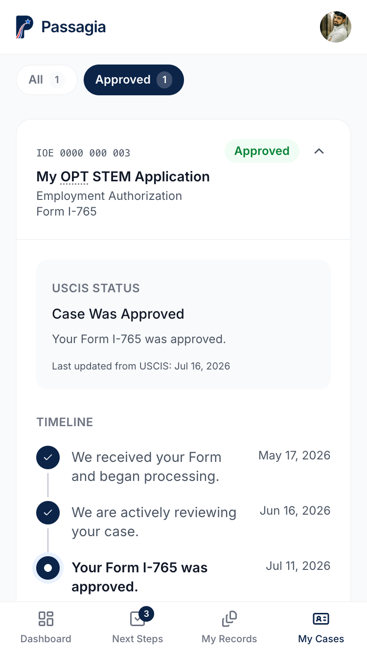 The Passagia My Cases page on mobile, showing a USCIS case status timeline for an approved OPT STEM application