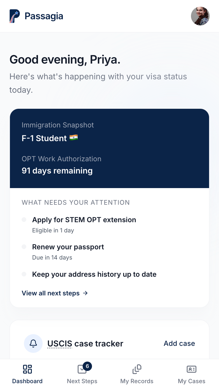 The Passagia dashboard on mobile, showing today's immigration snapshot and a preview of what needs attention next